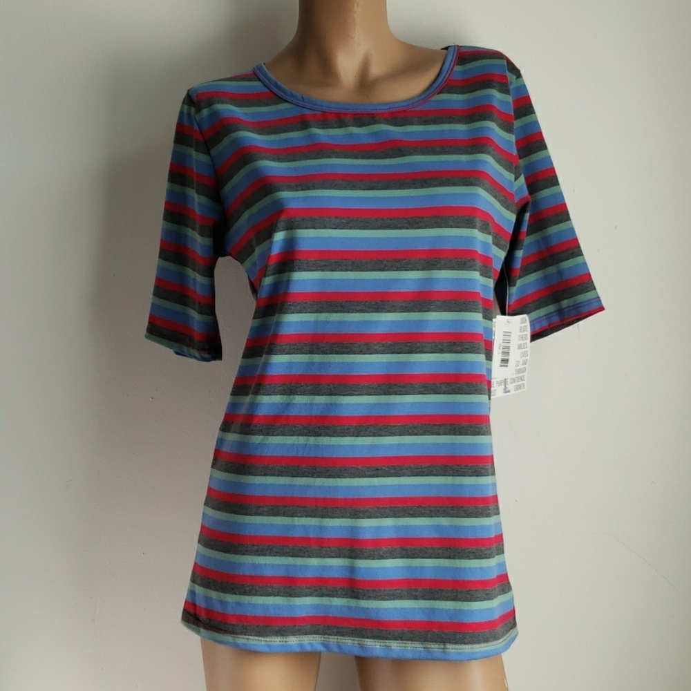 LuLaRoe Womens Multicolored Short Sleeve Striped Pullover Blouse Large NWT
